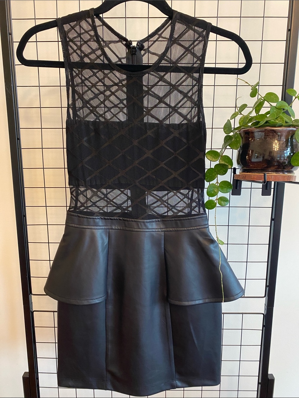 Bebe Y2K Sheer Mesh & Faux Leather Peplum mini dress XS bodycon
